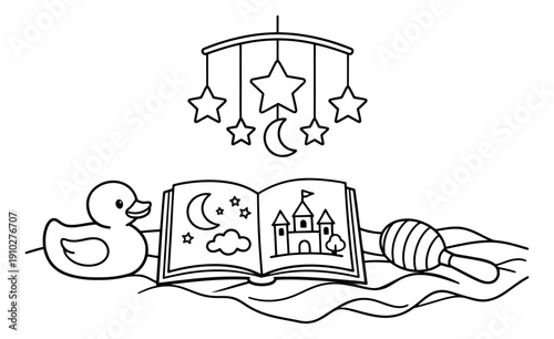 Hand drawn line art baby items set featuring a rubber duck, storybook, rattle, and mobile for children's nursery designs