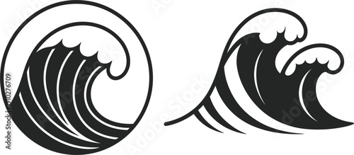 Ocean wave circle icon, sea water splash silhouette, surfing nature beach summer nautical blue vector illustration