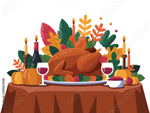 Festive Thanksgiving dinner spread with roasted turkey, pumpkins, and autumn leaves