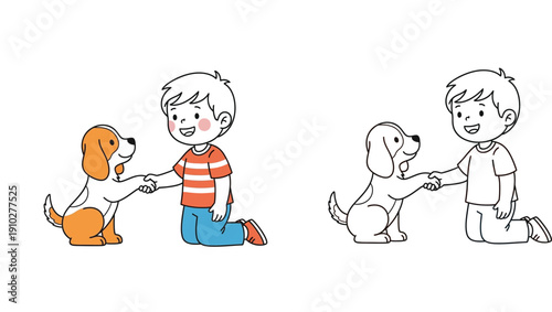 Cute boy shaking hands with dog vector illustration set, colored and black and white outline suitable for coloring book page, isolated on white background.