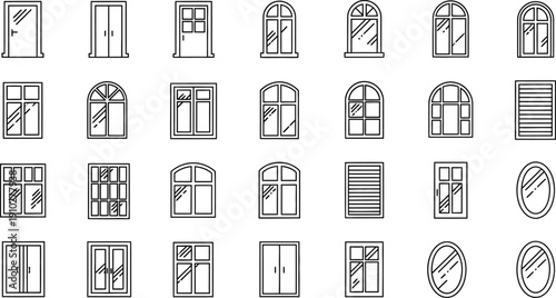 A comprehensive grid displays numerous black and white icons representing different types of doors, windows, and oval mirrors.