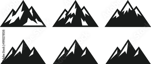 WebSet of snowy mountain peak silhouettes and ridge vector icons isolated on white background for winter sports, outdoor adventure travel and alpine nature logo design.