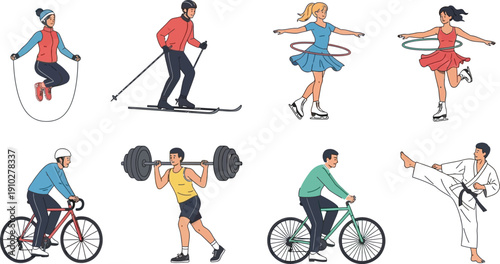 Collection of diverse people engaged in various physical fitness activities including skiing, cycling, and martial arts.