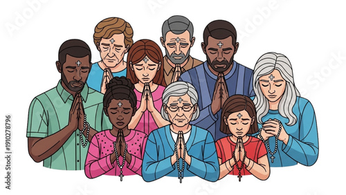 High-quality black outline colorful art of a group of people praying in silence, folded hands holding rosary beads, Ash Wednesday Christian Lent illustration
