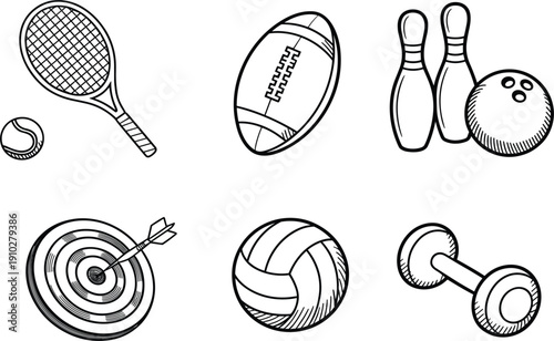 Sports equipment sketch icon, tennis racket bowling football volleyball fitness, athletic hobby competition training vector illustration
