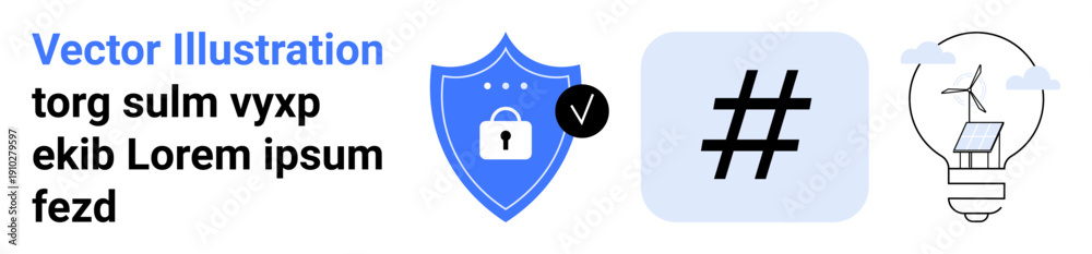 Fototapeta premium Lock on shield for security, metadata tag for trending topics, and solar energy bulb symbolizing sustainability. Ideal for technology, social media, cybersecurity, sustainability, innovation