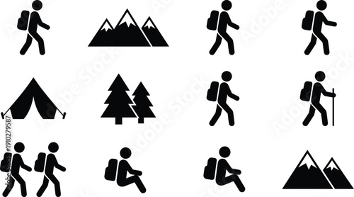 Vector illustration of hiking and camping activity silhouettes in black artistic design, showcasing hikers, mountains, tent, forest and backpack icons, concept for adventure