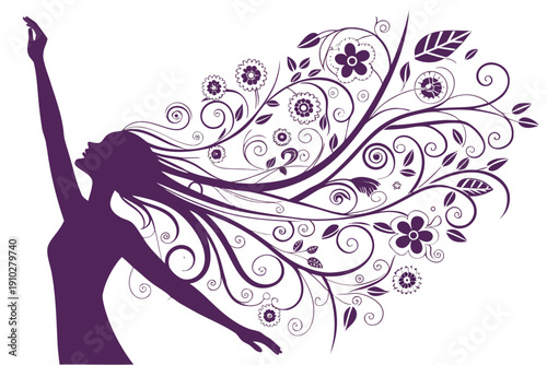 Woman Silhouette with Floral Hair Illustration on White Background