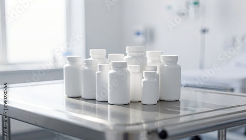 Hospital Bedside Table with Medicine Bottles. hospital tray with unbranded medicine containers, capsules. hospital bedside table with neatly arranged medicine bottles. 