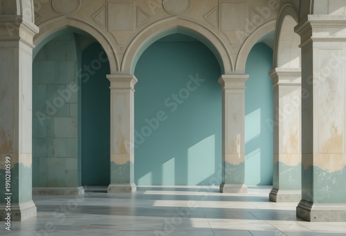 Serene Archways and Columns in a Peaceful Turquoise Hallway with Soft Natural Light