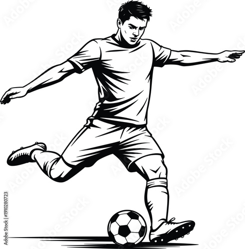 Soccer player kicking ball action silhouette, football athlete training motion, sports competition active vector illustration