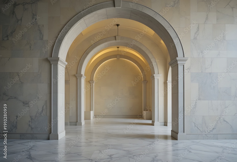 Obraz premium Elegant marble archway tunnel with soft lighting leading to bright space modern architectural interior design perspective