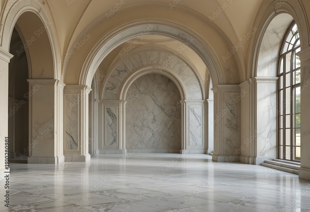 Fototapeta premium Elegant historic arched corridor with marble flooring and natural light interior design architecture space