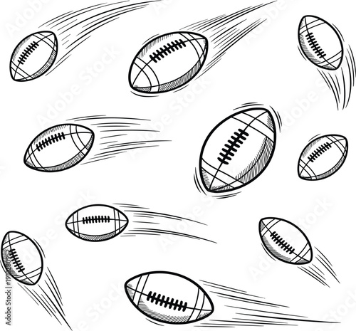 American football ball flying motion icon set, rugby fast speed trail silhouette, athletic sport vector