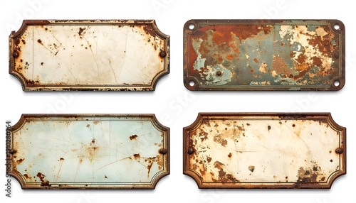 Four vintage, weathered plates with rust and peeling paint, showcasing distinct textures and colors