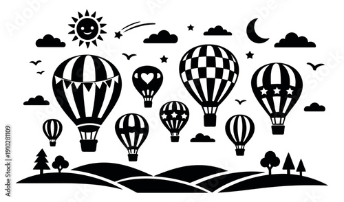 Graphic hot air balloon elements set featuring hot air balloons, clouds, sun, moon, and landscape for decorative designs