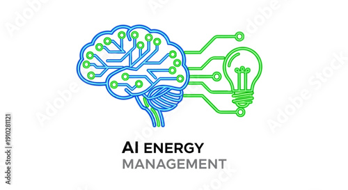 Artificial Intelligence (AI) Energy Management System Concept. Graphic of a digital brain connected to a lightbulb via circuitry, representing smart optimization and technological efficiency.