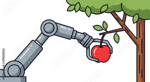 Robotic Arm Harvesting an Apple from a Tree. Concept of Automation, Smart Farming, and AI in Agriculture Technology and Food Production.