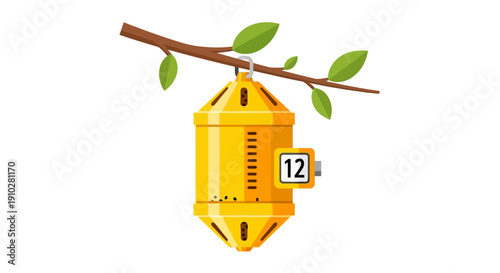Flat vector illustration of a yellow pheromone insect trap hanging from a tree branch for agricultural pest monitoring and environmental control.