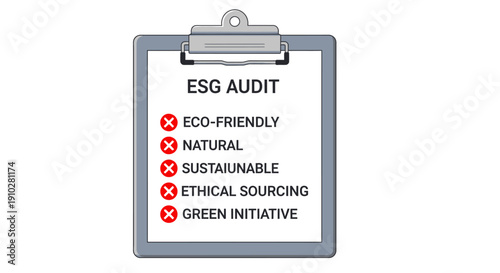 Failed ESG Audit Checklist Showing Non-Compliance with Eco-Friendly and Sustainable Business Requirements on a Clipboard Icon Illustration