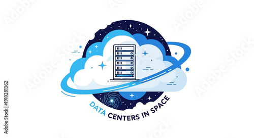Data Centers in Space Concept. Futuristic Vector Illustration of a Server Rack in a Cloud Surrounded by Cosmic Rings and Stars, Representing Cloud Computing and Global Data Storage Infrastructure.