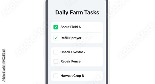 Mobile App Displaying Daily Farm Tasks Checklist: Digital Management Interface for Smart Farming, Agribusiness Planning, and Agricultural Productivity Tracking