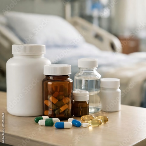 Hospital Bedside Table with Medicine Bottles. hospital tray with unbranded medicine containers, capsules. hospital bedside table with neatly arranged medicine bottles. 