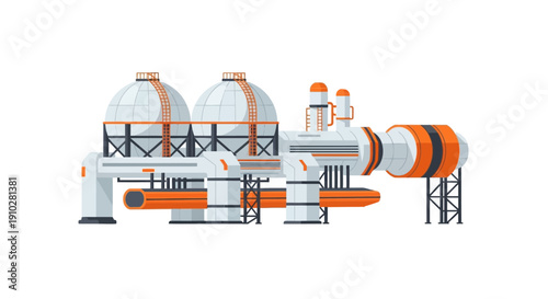 Modern vector illustration of an industrial chemical or gas processing plant with large spherical storage tanks and complex piping infrastructure isolated on white background.