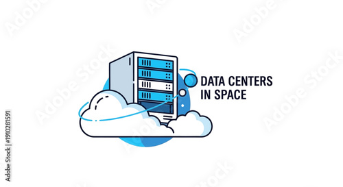 Futuristic Data Center Server Rack in Space Concept Illustration. Cloud Computing and Global Storage Network Infrastructure Technology Icon.