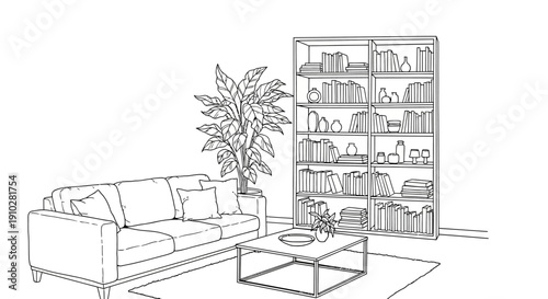Line art drawing of a cozy living room with a sofa, coffee table, plant, and bookshelf.