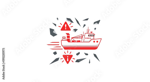 Shipping Disaster Icon: Commercial Vessel Collision or Accident at Sea with Danger Warning Symbols and Debris, Graphic Vector Illustration of Maritime Incident and Hazard