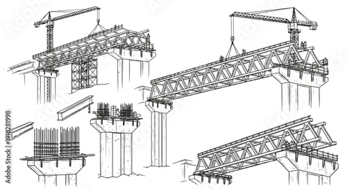 Detailed illustration of bridge construction process with cranes and structural elements.