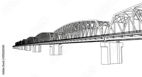 A detailed wireframe rendering of a long railway truss bridge with multiple spans and supporting piers against a white background.