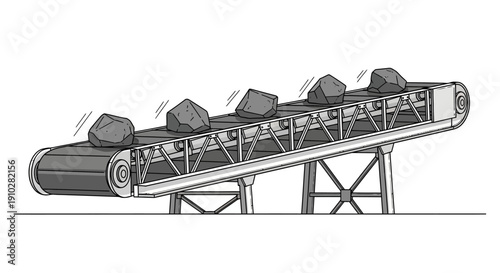 An industrial conveyor belt system transporting large rocks upwards, depicted in a black and white illustration.