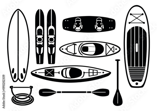 Graphic water sports equipment set featuring surfboards, water skis, kayaks, and paddles for summer recreation