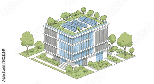 Isometric illustration of a modern office building with a green roof, solar panels, and surrounding trees, showcasing sustainable architecture.