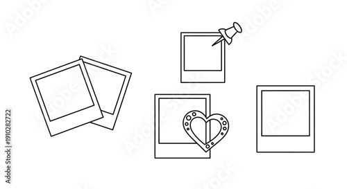 Line art illustration of various instant photo frames with a heart and a pushpin.