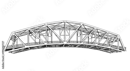 A detailed line drawing of a large arched truss bridge structure.