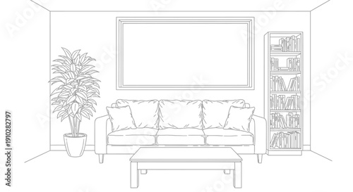 Simple line drawing of a cozy living room with a sofa, coffee table, plant, and bookshelf.