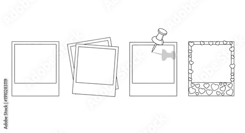 Line art illustration of various instant photo frames, including a single frame, a stack, one with a pushpin, and a heart-patterned frame.
