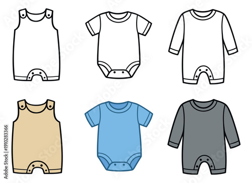 Hand drawn line art and color baby clothes set featuring rompers and bodysuits for children's fashion