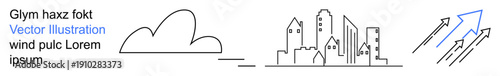Urban development, economic growth, data trends, environmental impact, innovation, sustainability. Minimalist cloud beside city skyline with upward arrows. Urban development and economic growth