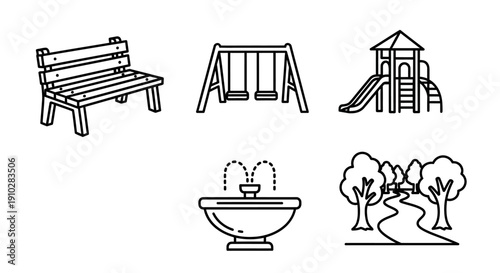 Line art icons of park elements including a bench, swings, slide, fountain, and a path with trees.