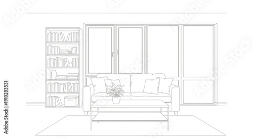 Minimalist line art drawing of a modern living room interior with a sofa, coffee table, bookshelf, and large windows.