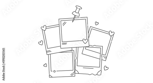 Line art illustration of a stack of blank instant photo frames with hearts and a thumbtack.