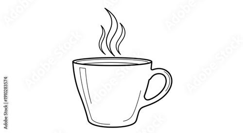 Simple black and white line drawing of a steaming hot beverage cup, depicting warmth and comfort and ready for a drink.