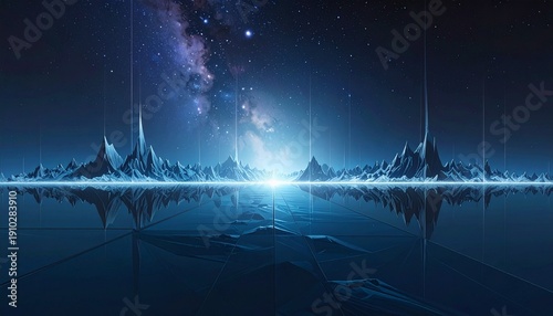 Mystical icebergs under northern lights in reflective arctic waters at night