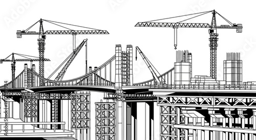 Architectural line drawing of a bustling city skyline with numerous construction cranes and bridges.