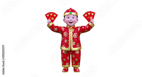 Happy child in traditional Chinese attire holding red envelopes