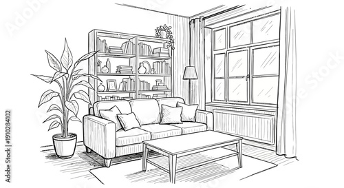 Hand-drawn sketch of a cozy living room interior with a sofa, coffee table, bookshelf, potted plant, and window.